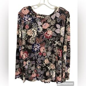 NWT Loft long sleeve black and floral open split back top size XL
